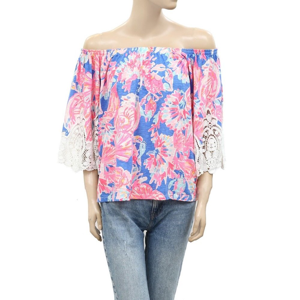 Lilly Pulitzer Zaylee off the Shoulder Blouse Top Printed Lace Resort S